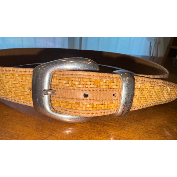 Vtg Streets Ahead USA Brown Woven Leather Belt w/ Silver Fibel Italy Buckle Sz S